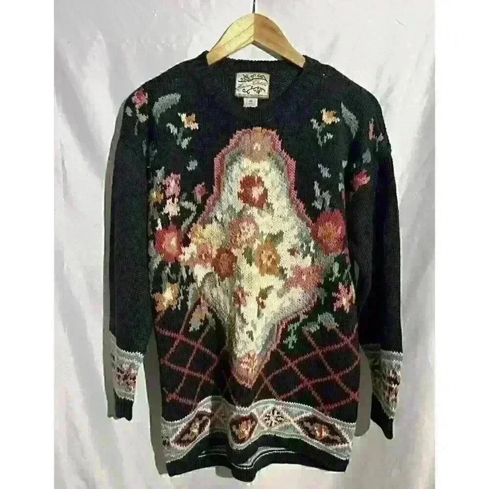 Heirloom Collectibles Sweater Womens Medium Black Floral Vintage 90s Cotton Knit